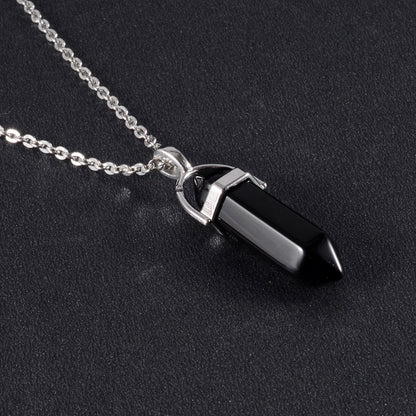 1PCS Natural Quartz Obsidian Crystal Hexagonal Chakra Healing Pendulum Stainless Steel Pendant Neck 8