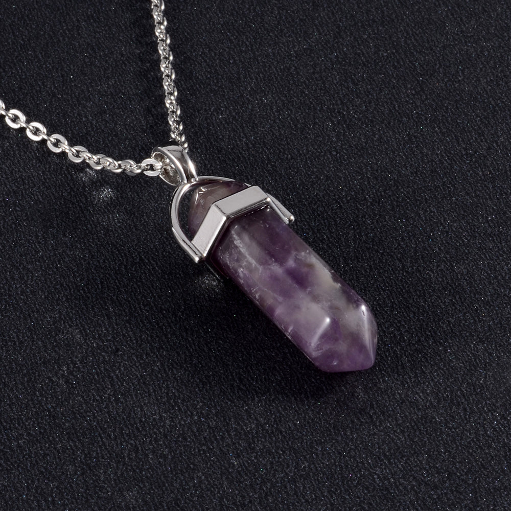 1PCS Natural Quartz Obsidian Crystal Hexagonal Chakra Healing Pendulum Stainless Steel Pendant Neck 9