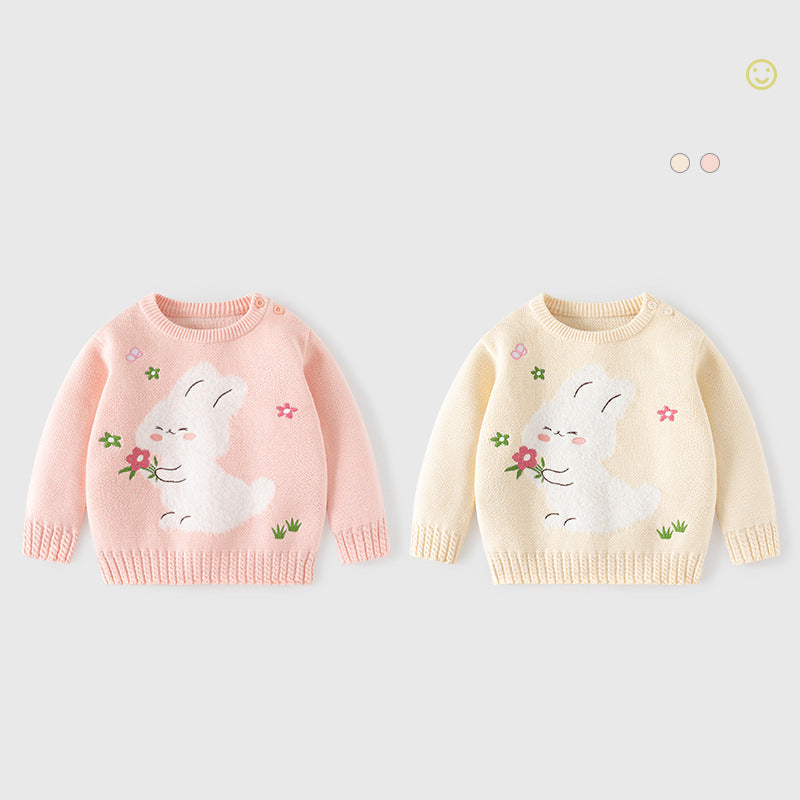 Cartoon Rabbit Cotton Knitted Soft Pullover, Autumn Baby Girls Sweaters, Toddler Girls Knitwear Stretch Embroidery Tops