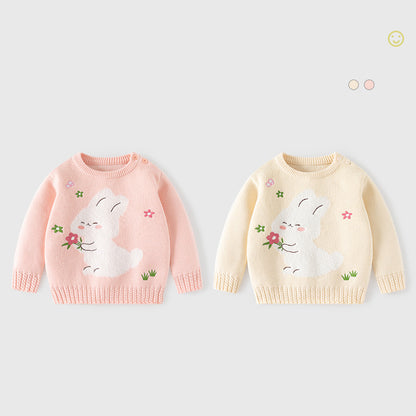 Cartoon Rabbit Cotton Knitted Soft Pullover, Autumn Baby Girls Sweaters, Toddler Girls Knitwear Stretch Embroidery Tops