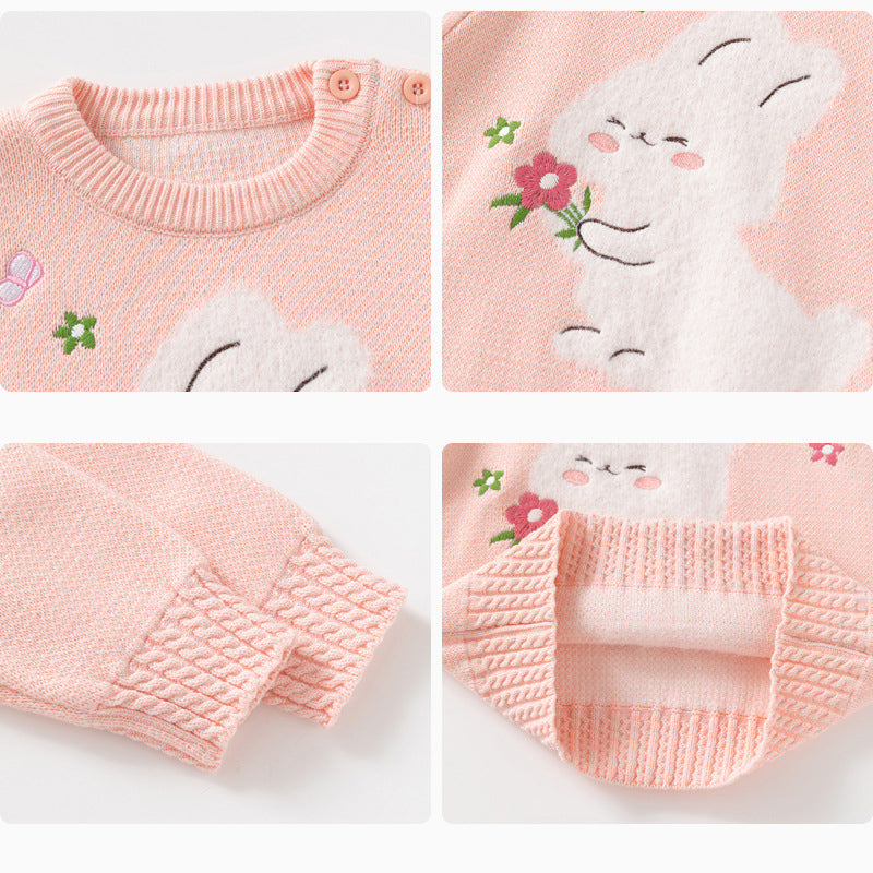 Cartoon Rabbit Cotton Knitted Soft Pullover, Autumn Baby Girls Sweaters, Toddler Girls Knitwear Stretch Embroidery Tops