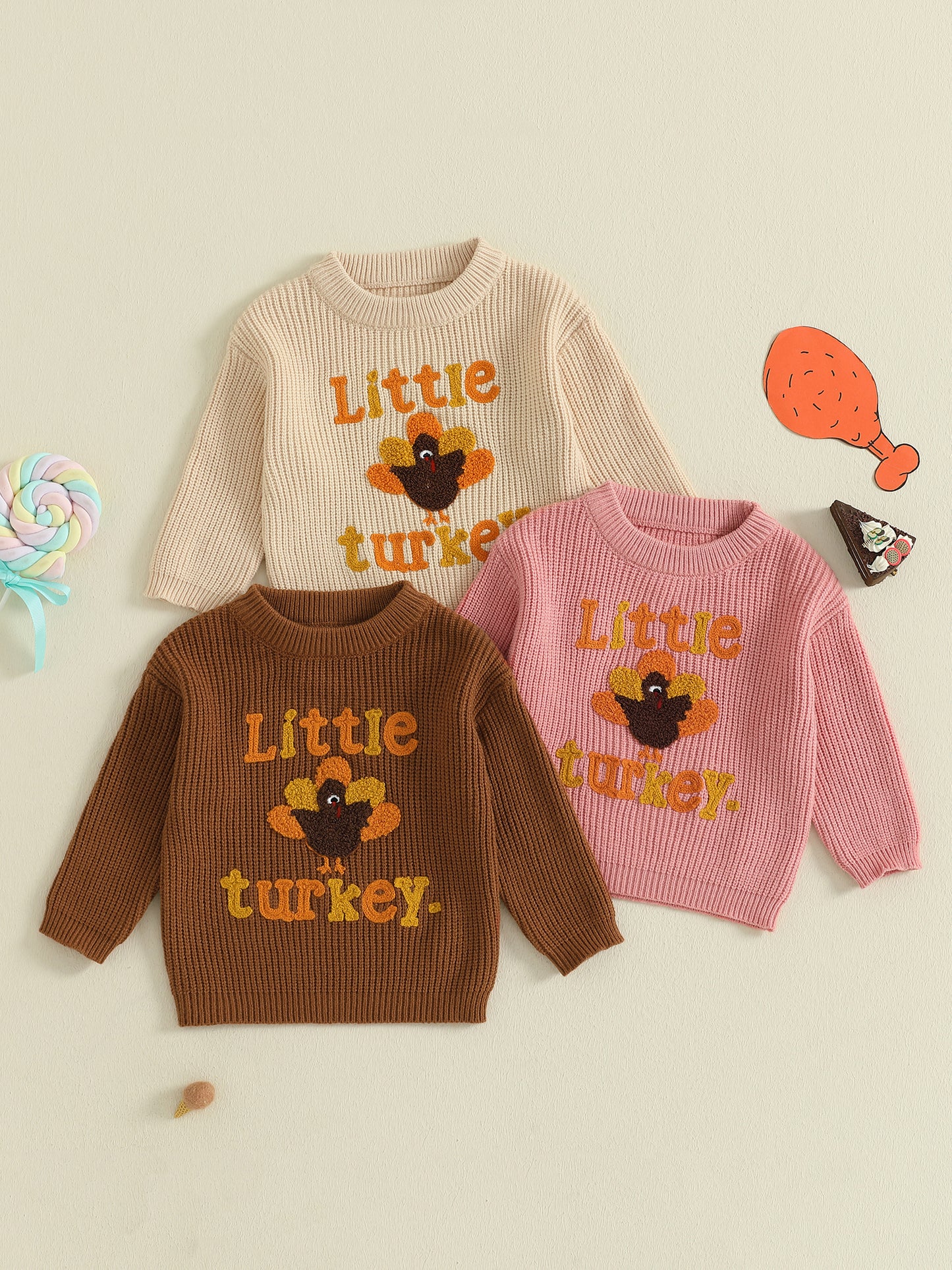 Baby Thanksgiving Sweater, Cozy Fall Long Sleeve Knit Top with Turkey Embroidery and Crewneck Design for Infants