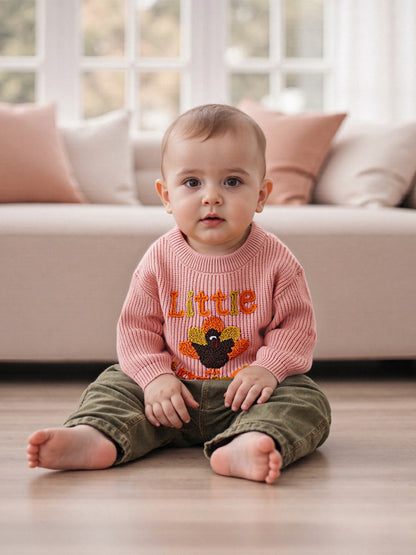 Baby Thanksgiving Sweater, Cozy Fall Long Sleeve Knit Top with Turkey Embroidery and Crewneck Design for Infants