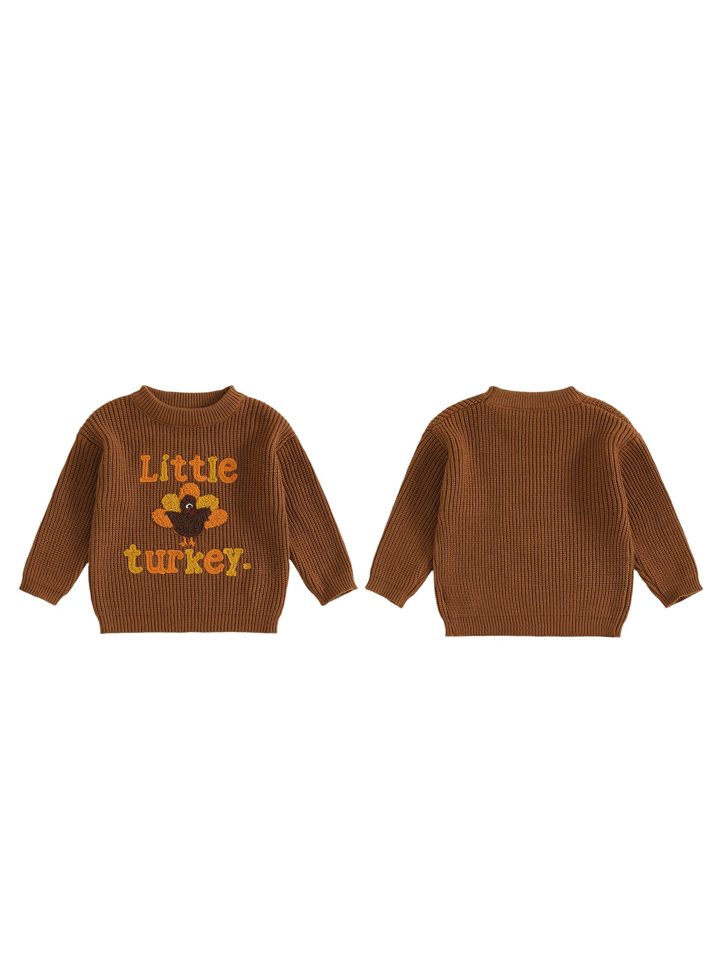 Baby Thanksgiving Sweater, Cozy Fall Long Sleeve Knit Top with Turkey Embroidery and Crewneck Design for Infants