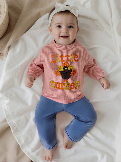 Baby Thanksgiving Sweater, Cozy Fall Long Sleeve Knit Top with Turkey Embroidery and Crewneck Design for Infants