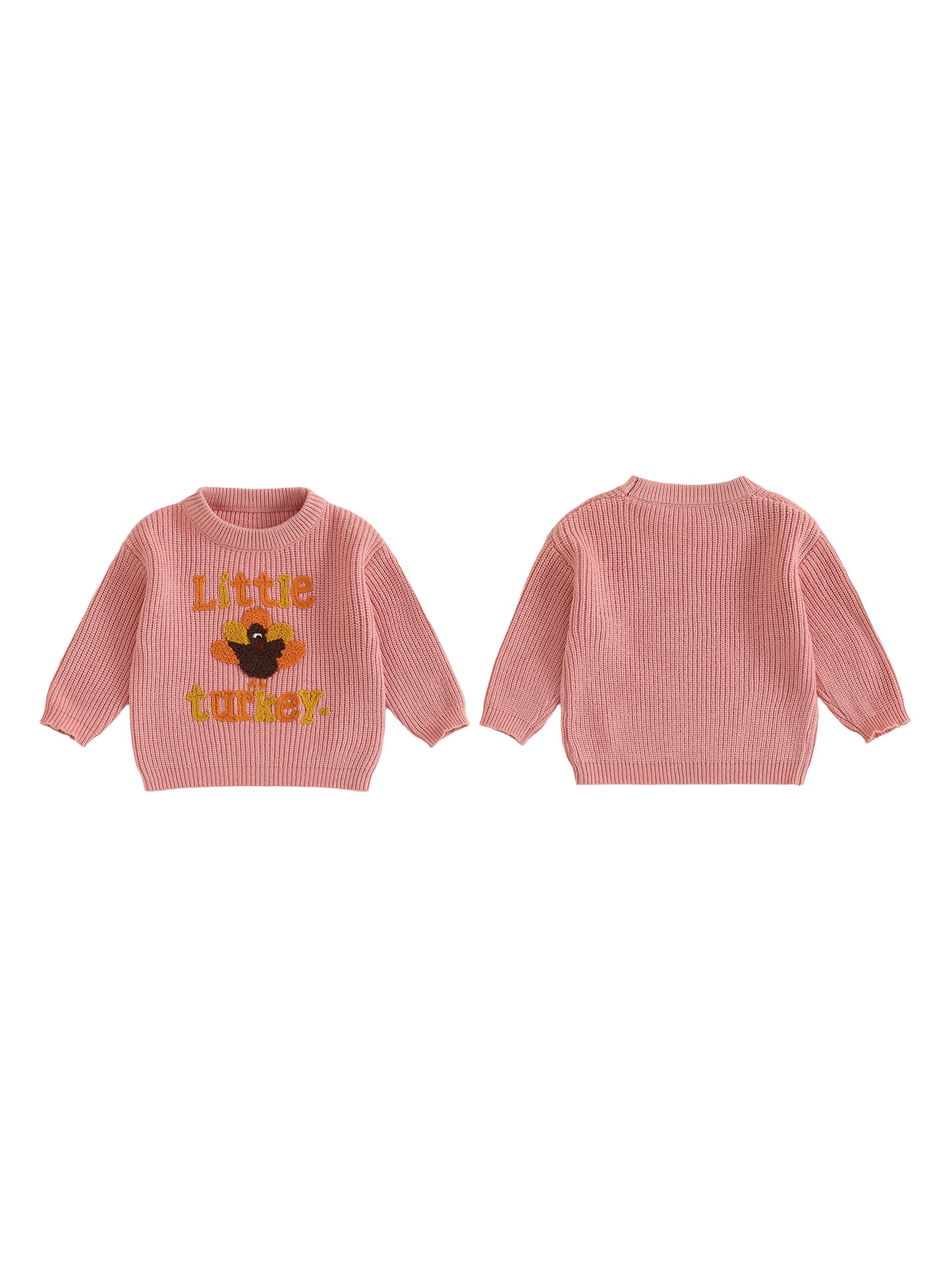 Baby Thanksgiving Sweater, Cozy Fall Long Sleeve Knit Top with Turkey Embroidery and Crewneck Design for Infants