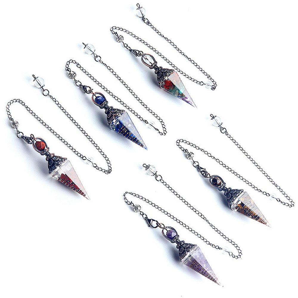 Natural Stone Crystal Pendulum Necklace, Hexagonal Cone Amethyst, Rose Quartz Chakra Pendant with Crushed Stone Bag