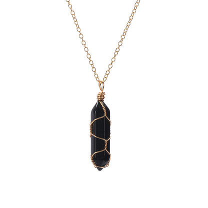 1Pc Fashion Hexagonal Cylindrical Crystal Necklace, Wire Wrap Amethyst Pendant, Natural Stone Valentine Day Gift