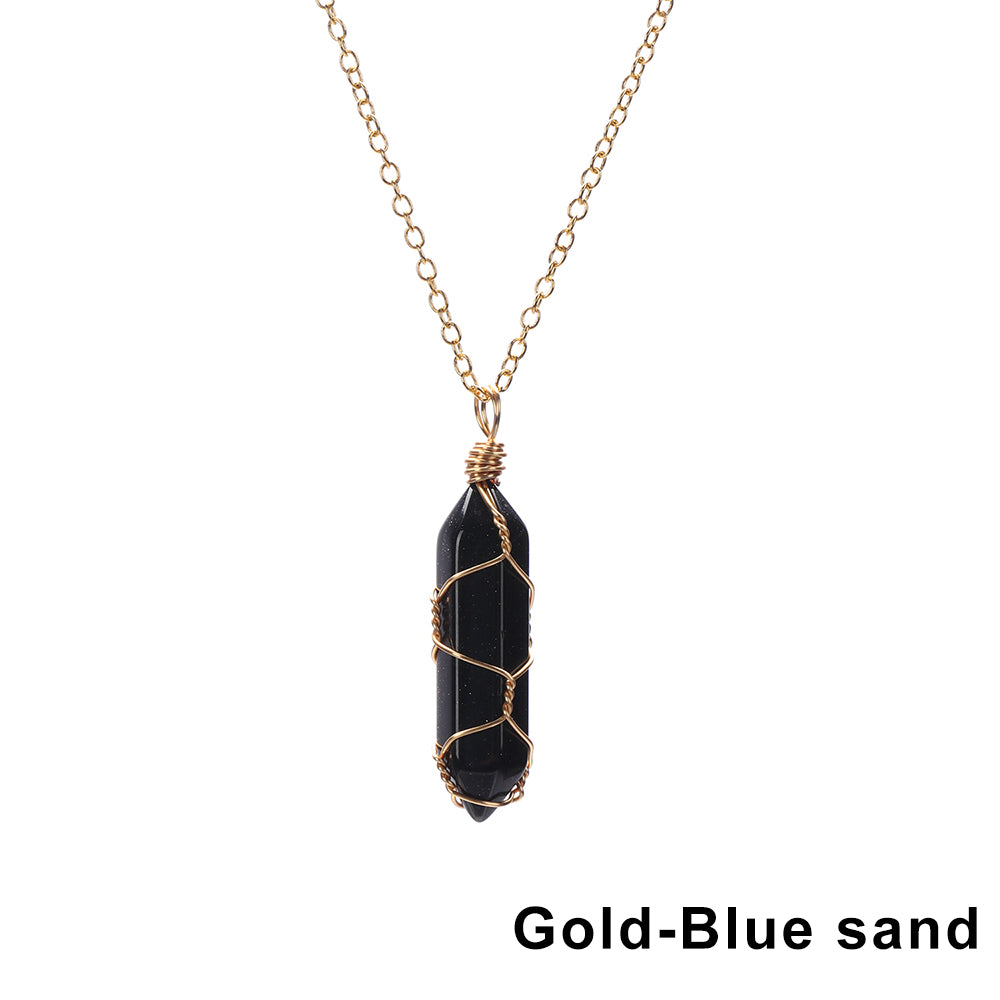 1Pc Fashion Hexagonal Cylindrical Crystal Necklace, Wire Wrap Amethyst Pendant, Natural Stone Valentine Day Gift