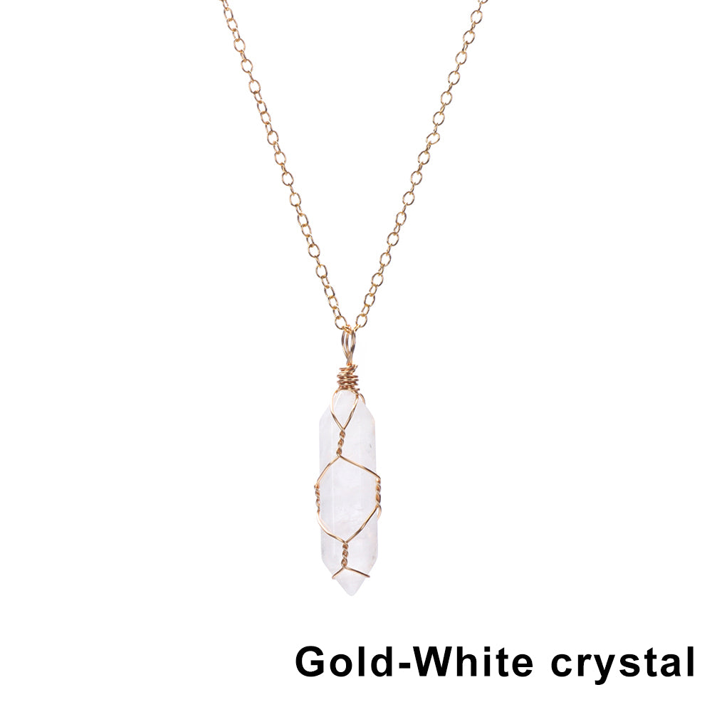 1Pc Fashion Hexagonal Cylindrical Crystal Necklace, Wire Wrap Amethyst Pendant, Natural Stone Valentine Day Gift
