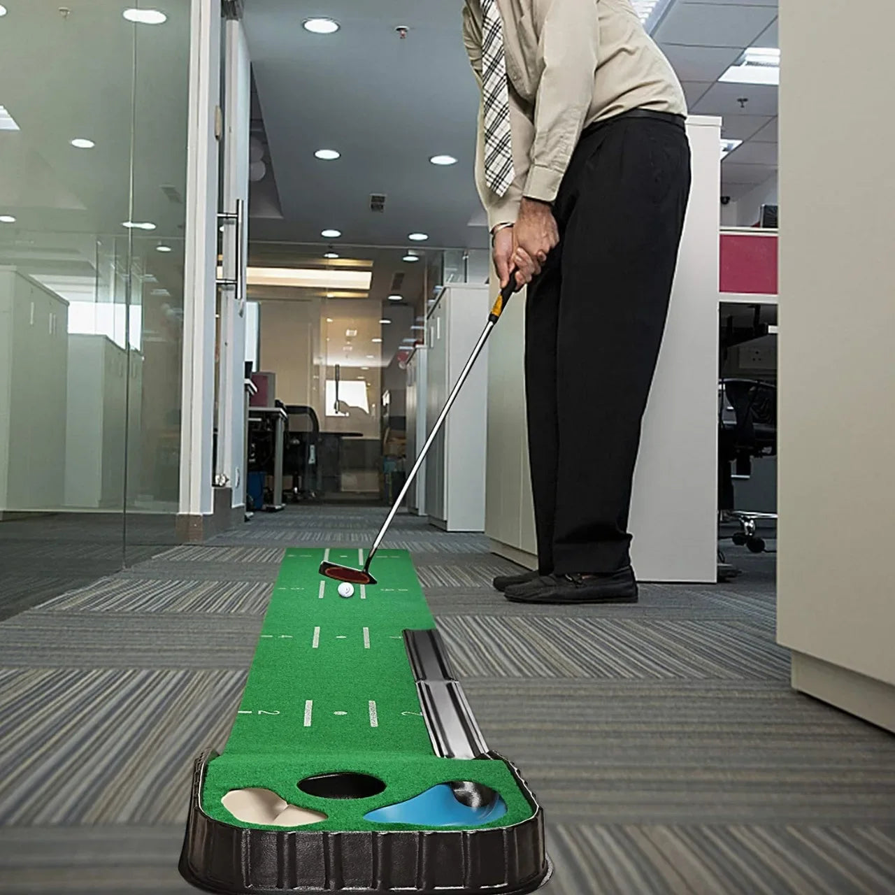 PGM Golf Indoor Putting Mat Putter Trainer Green Carpet Practice Set Ball Return Mats for Home & Office Golf Practice