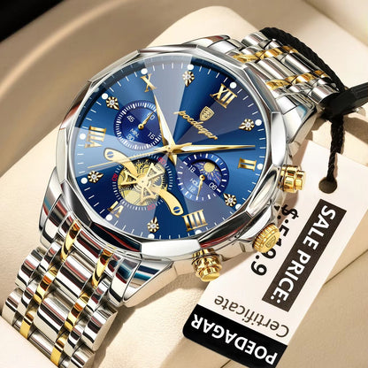 POEDAGAR Luxury Men's Watch – Waterproof Stainless Steel Chronograph Quartz Wristwatch with Luminous Display