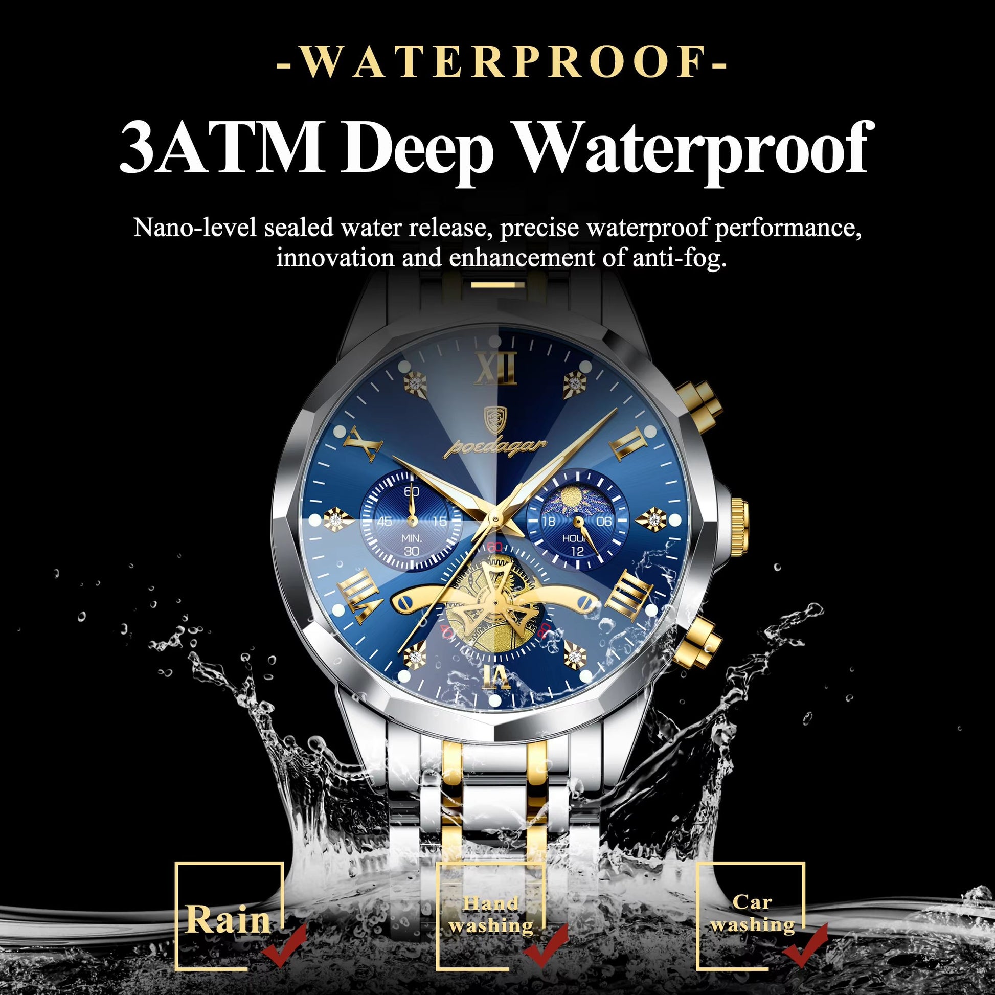 POEDAGAR Luxury Mens Watch  Waterproof Stainless Steel Chronograph Quartz Wristwatch With Luminous  2