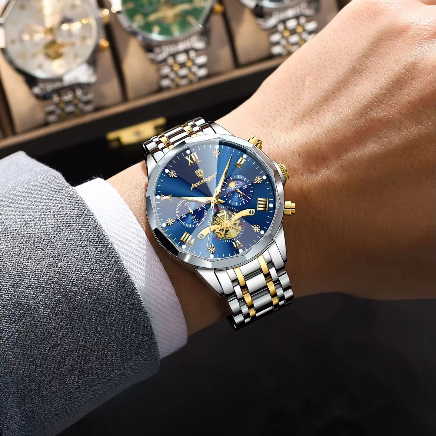 POEDAGAR Luxury Mens Watch  Waterproof Stainless Steel Chronograph Quartz Wristwatch With Luminous  5