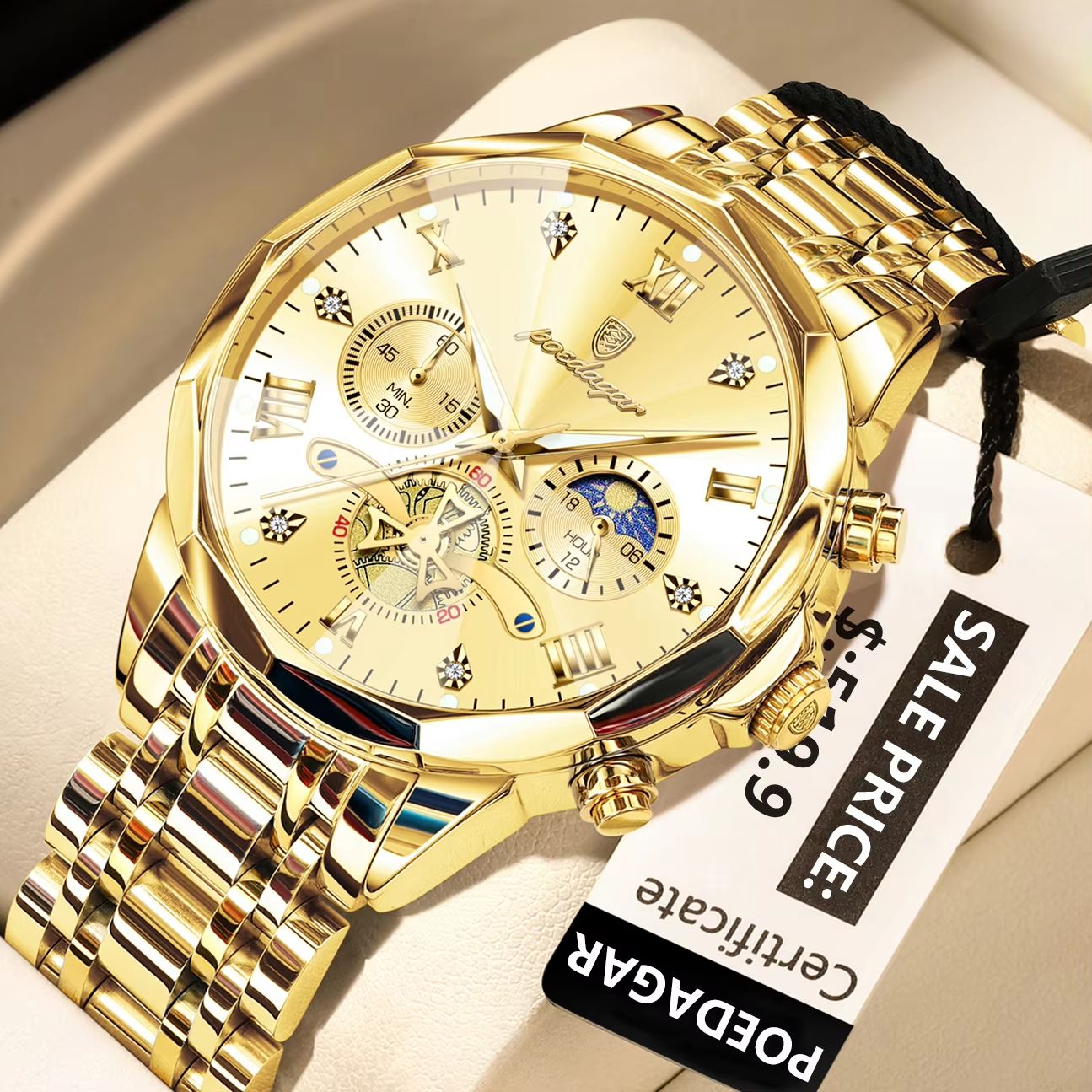 POEDAGAR Luxury Mens Watch  Waterproof Stainless Steel Chronograph Quartz Wristwatch With Luminous  14