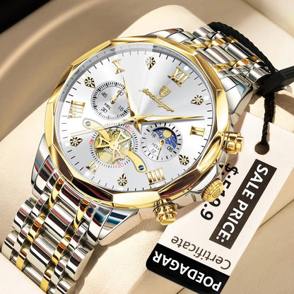 POEDAGAR Luxury Mens Watch  Waterproof Stainless Steel Chronograph Quartz Wristwatch With Luminous  17