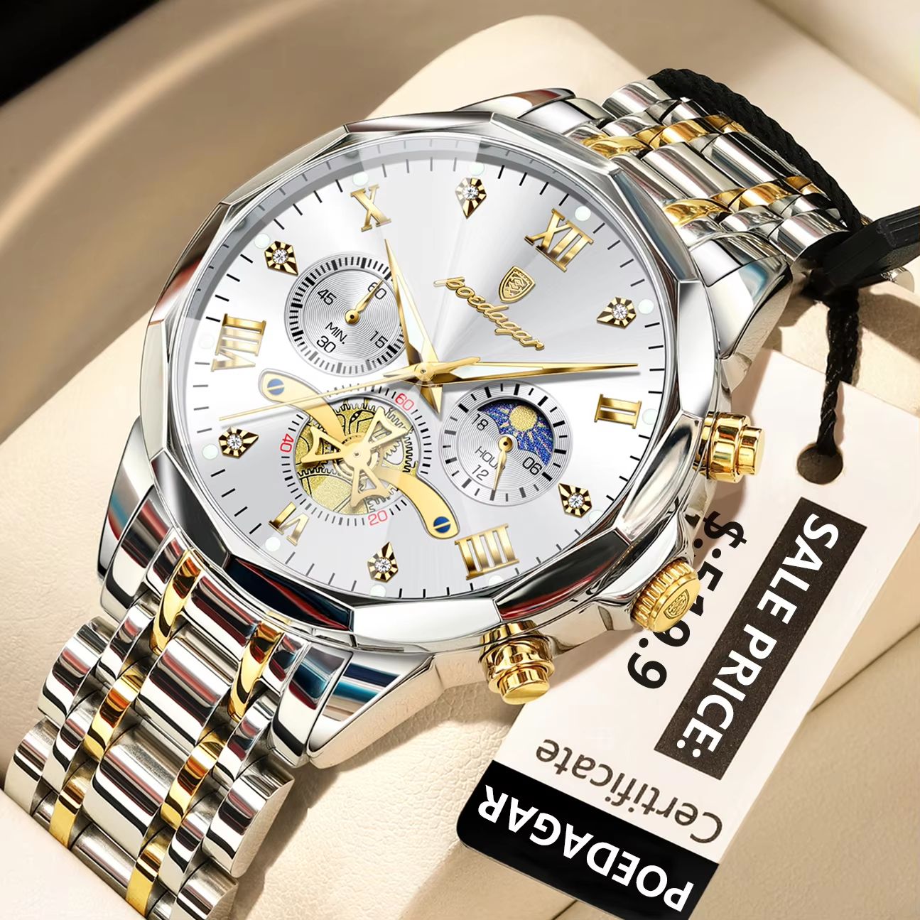 POEDAGAR Luxury Mens Watch  Waterproof Stainless Steel Chronograph Quartz Wristwatch With Luminous  8
