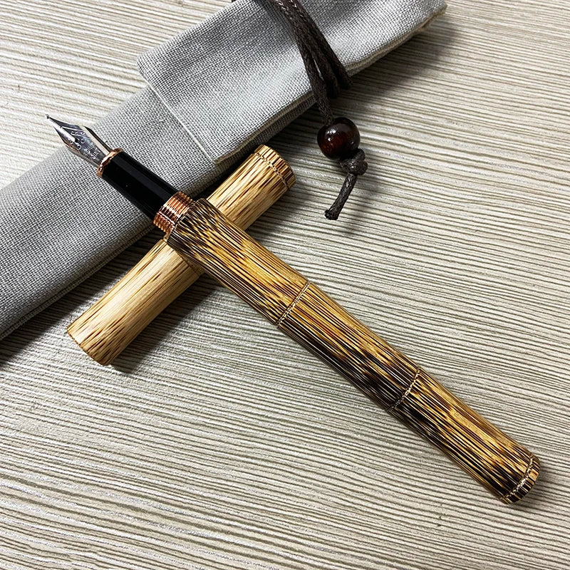 Handmade Natural Bamboo Wood Fountain Pen 0.5mm Fine Tip Beautiful Golden Stripes Perfect Business Office Gift