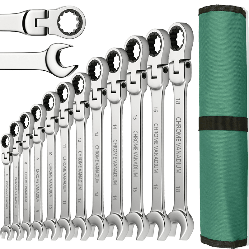 Metric Ratcheting Wrench Set with Flexible Head and Gear Ring Design