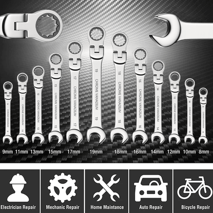 Metric Ratcheting Combination Wrench Set with Flex Head and Carrying Bag