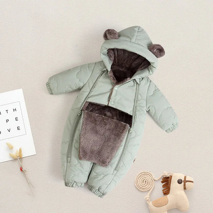 Thickened Fleece Lined Double Layer Hooded Romper 0-2Y Winter Warm Kids Snowsuit with Bear Ears, Toddler Baby Girl Boy