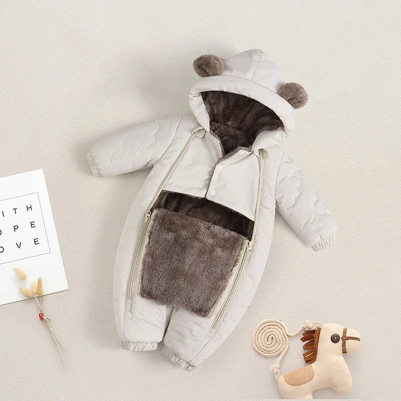 Thickened Fleece Lined Double Layer Hooded Romper 0-2Y Winter Warm Kids Snowsuit with Bear Ears, Toddler Baby Girl Boy