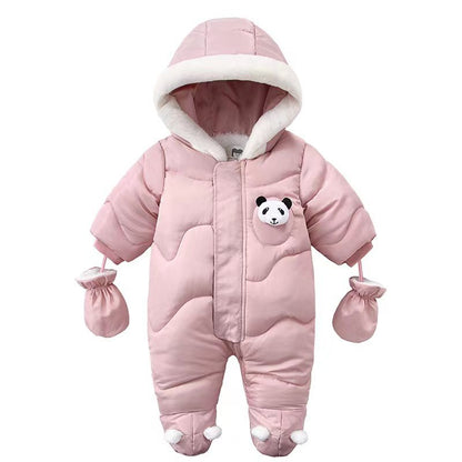Korean Style Baby Boy Winter Jumpsuit with Cartoon Bear Plus Velvet Coat, Toddler Girl Snowsuit Winter Romper Outfit