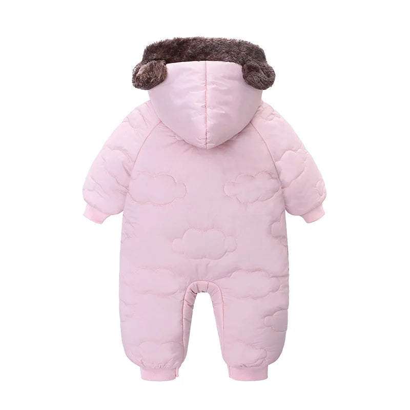 New Style Newborn Baby Boys Girls Fleece Lined Warm Jumpsuit, Hooded Bear Ear Winter Romper Snowsuit Infant Outerwear