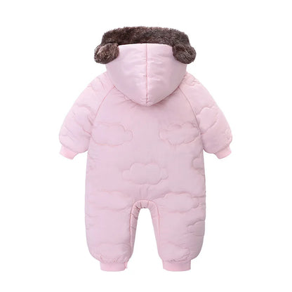 New Style Newborn Baby Boys Girls Fleece Lined Warm Jumpsuit, Hooded Bear Ear Winter Romper Snowsuit Infant Outerwear