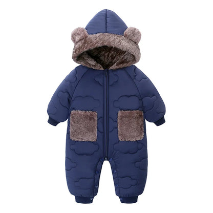 New Style Newborn Baby Boys Girls Fleece Lined Warm Jumpsuit, Hooded Bear Ear Winter Romper Snowsuit Infant Outerwear