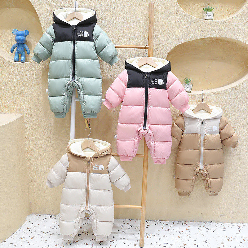 Infant Babys Girls Ski Suits Winter Spliced Thicken Warm Newborn Jumpsuits Plush Hooded Parkas Kids Girls Snowsuits