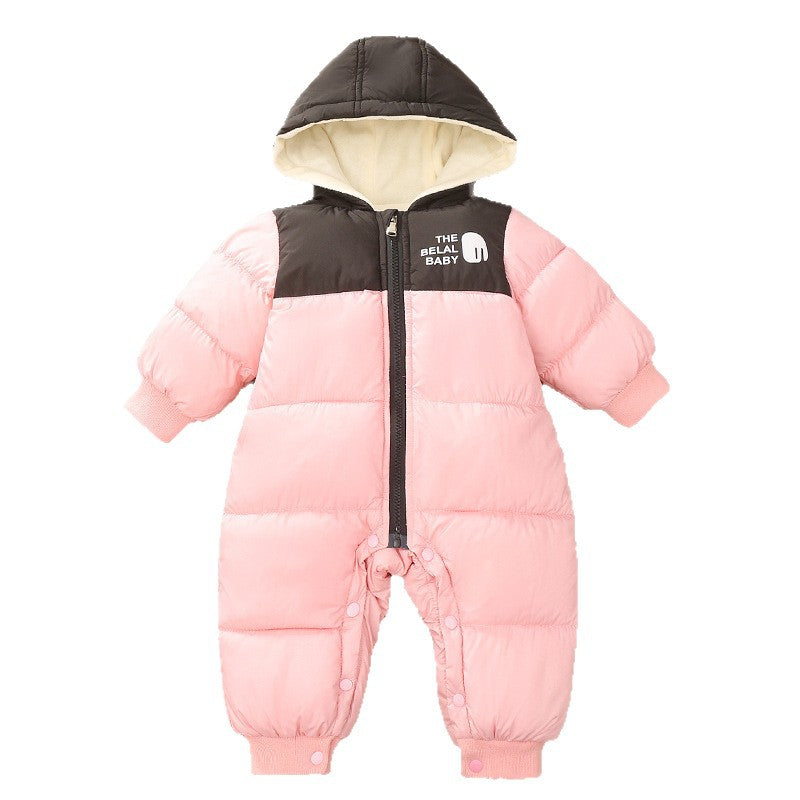 Infant Babys Girls Ski Suits Winter Spliced Thicken Warm Newborn Jumpsuits Plush Hooded Parkas Kids Girls Snowsuits