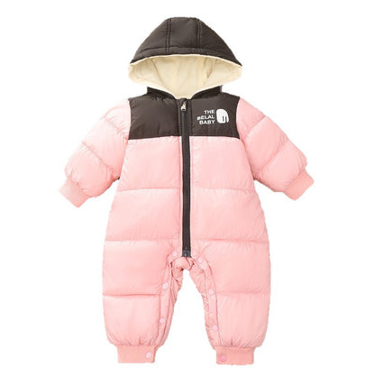 Infant Babys Girls Ski Suits Winter Spliced Thicken Warm Newborn Jumpsuits Plush Hooded Parkas Kids Girls Snowsuits