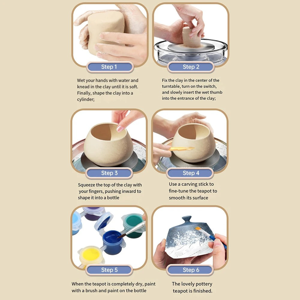 Beginner's Electric Pottery Wheel Kit with Detachable Cleaning Foot Pedal, Complete DIY Ceramic Craft Art Set