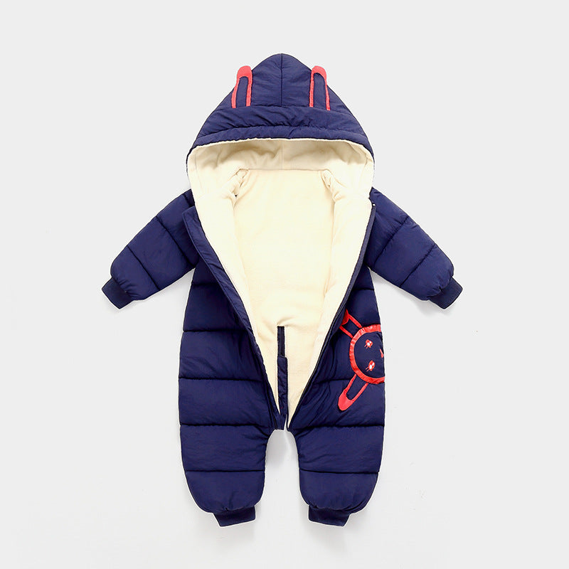 Cartoon Hooded Snowsuit New born Plus Velvet Baby Costume Winter Cotton Overalls Rompers for Toddler Boy Girl