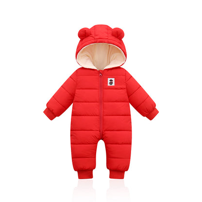 Cartoon Hooded Snowsuit New born Plus Velvet Baby Costume Winter Cotton Overalls Rompers for Toddler Boy Girl