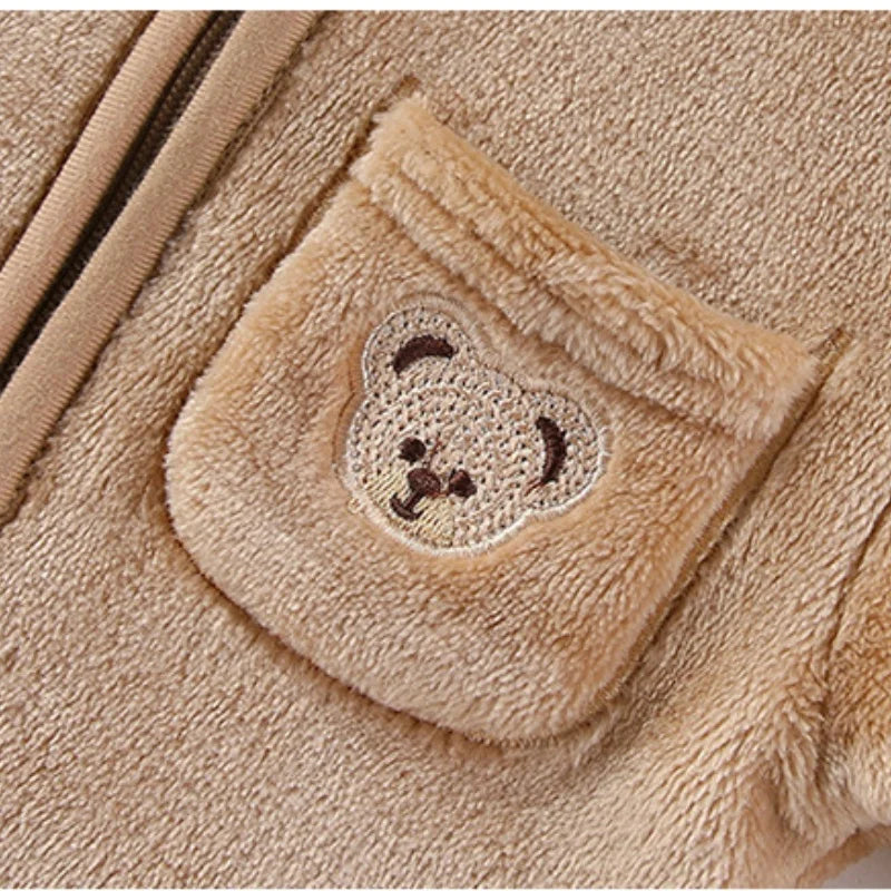 Infant Baby Girls Boy Winter Fleece Thickened Onesie 0-12M Newborn Baby Romper Bear Ear Hooded Jumpsuit with Pocket