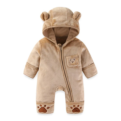 Infant Baby Girls Boy Winter Fleece Thickened Onesie 0-12M Newborn Baby Romper Bear Ear Hooded Jumpsuit with Pocket