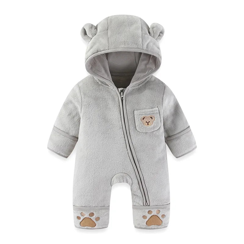 Infant Baby Girls Boy Winter Fleece Thickened Onesie 0-12M Newborn Baby Romper Bear Ear Hooded Jumpsuit with Pocket