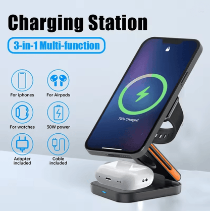 30W 3in1 Foldable Magnetic Wireless Charger Stand for iPhone Apple Watch and AirPods