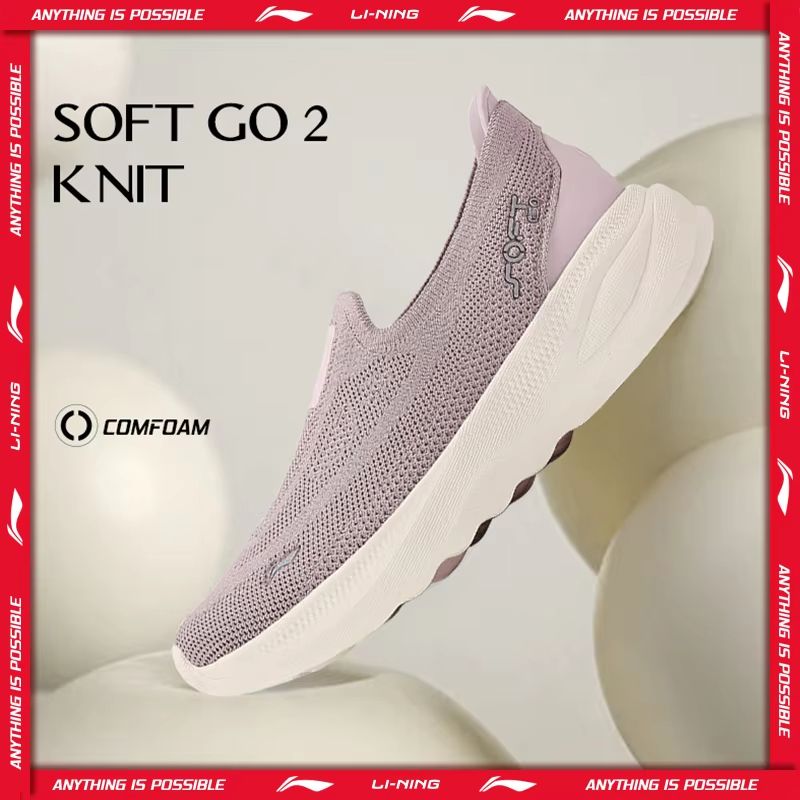 Li-Ning Women's SOFT GO 2 KNIT Slip-On Walking Shoes – Breathable Cushion Sneakers for Everyday Comfort & Sports