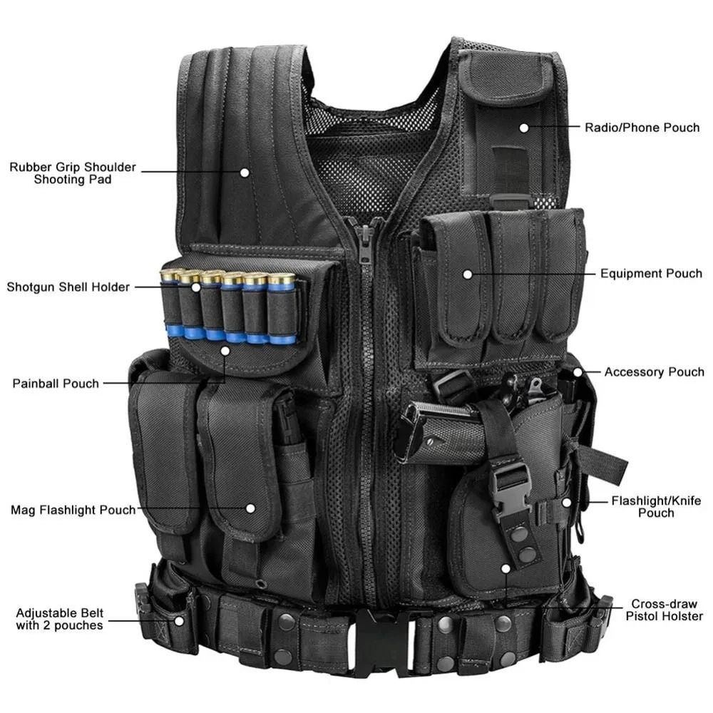 Adjustable Tactical Vest with Multiple Pockets for Training Airsoft Hunting