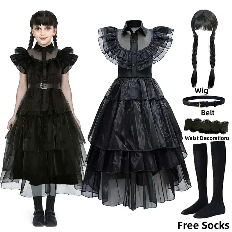 Girls Wednesday Addams Costume Complete Kit, Kids Halloween Party Dress with Wig & Accessories for Cosplay Dress Up