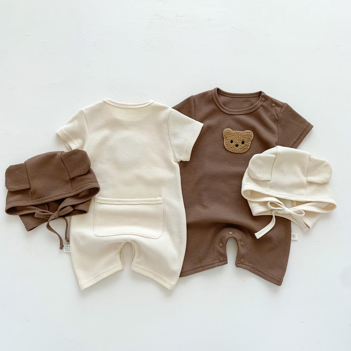 New In Summer Baby Girls Boys Short Sleeve Waffle Bear Patch Infant Newborn Jumpsuits Cotton Romper Gift Hat Ear