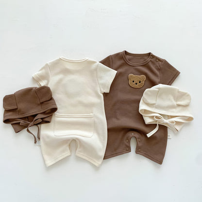 New In Summer Baby Girls Boys Short Sleeve Waffle Bear Patch Infant Newborn Jumpsuits Cotton Romper Gift Hat Ear