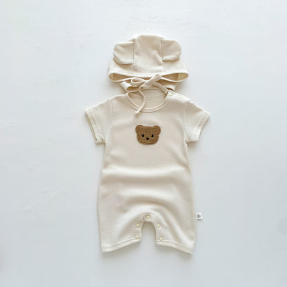 New In Summer Baby Girls Boys Short Sleeve Waffle Bear Patch Infant Newborn Jumpsuits Cotton Romper Gift Hat Ear