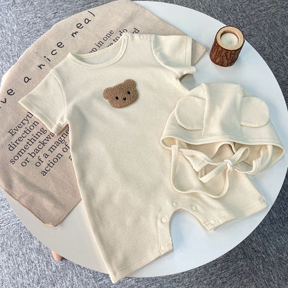 New In Summer Baby Girls Boys Short Sleeve Waffle Bear Patch Infant Newborn Jumpsuits Cotton Romper Gift Hat Ear