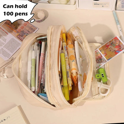 Large Capacity 3 Layer Pencil Case Cute Canvas Pen Pouch 1