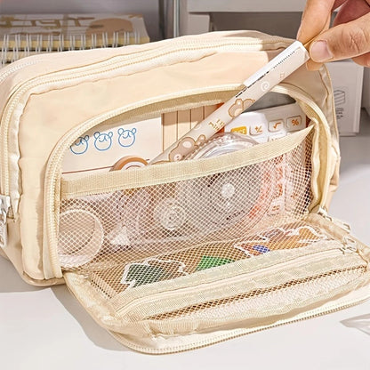 Large Capacity 3 Layer Pencil Case Cute Canvas Pen Pouch 4