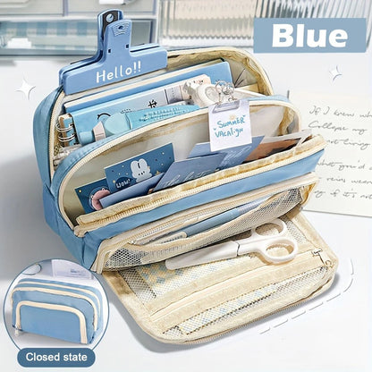 Large Capacity 3 Layer Pencil Case Cute Canvas Pen Pouch 5